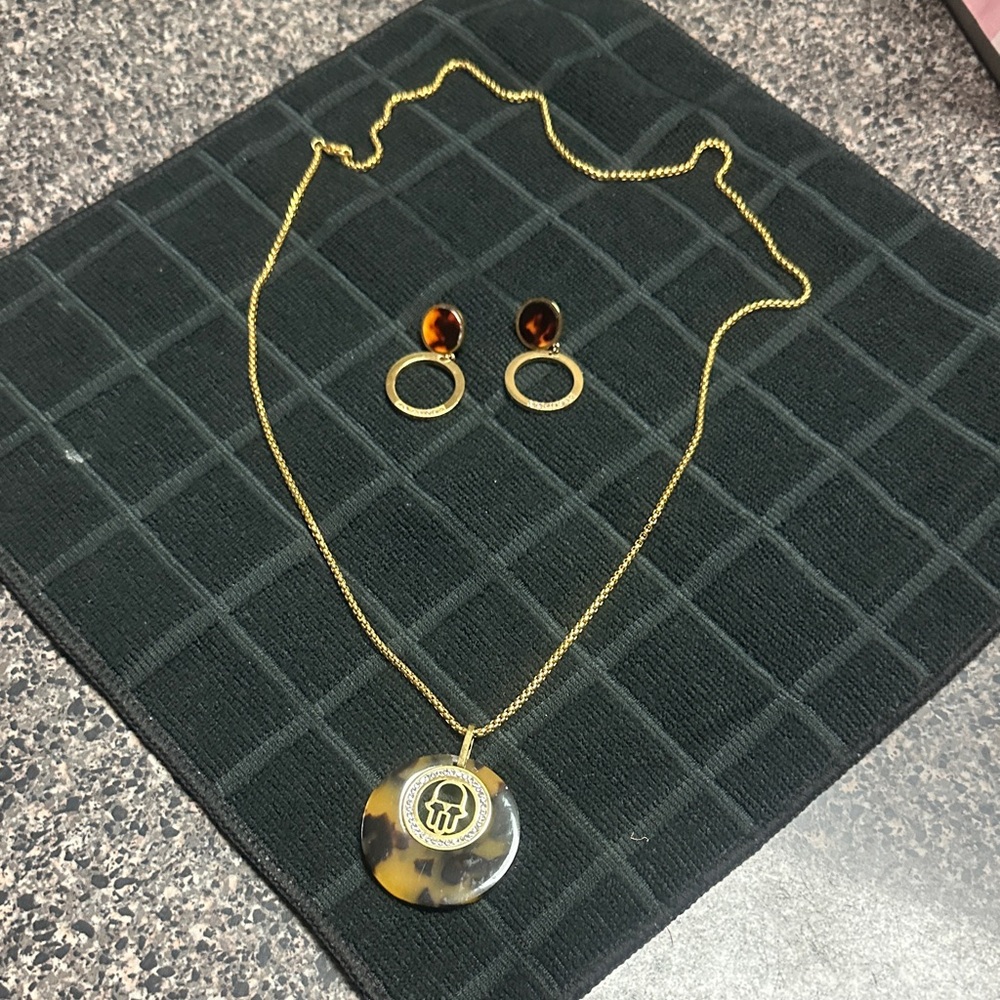 Gold and Brown Pendant Necklace and Earring Set